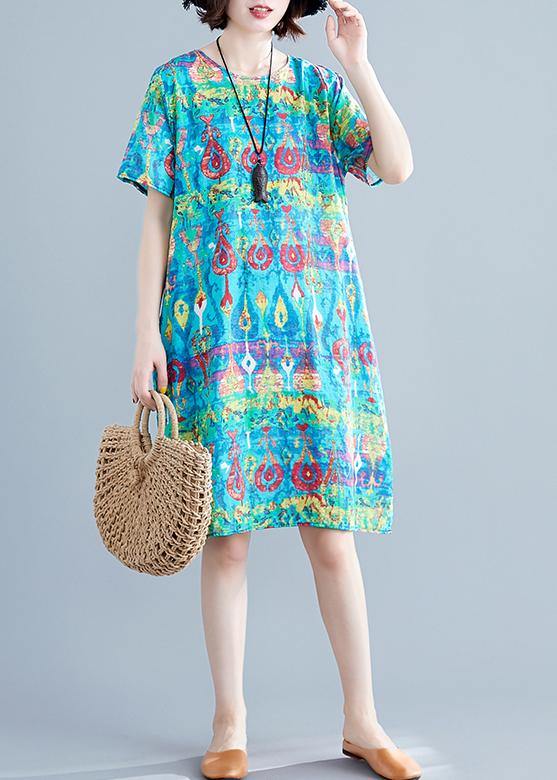 Chic o neck linen clothes Neckline green prints Dresses summer