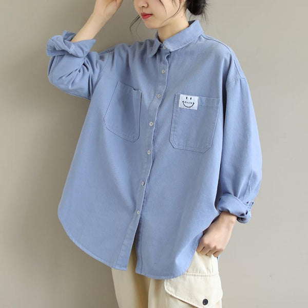 Organic Blue Smiling Face Top Lapel Button Down Midi Spring Shirts