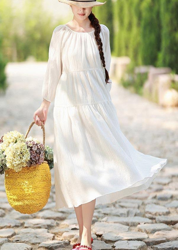 100% O Neck Cinched Spring Outfit Tunic Tops White Maxi Dresses