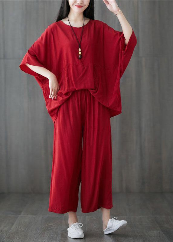 Casual cotton blended batwing sleeve pullover tops and elastic waist pants red two pieces