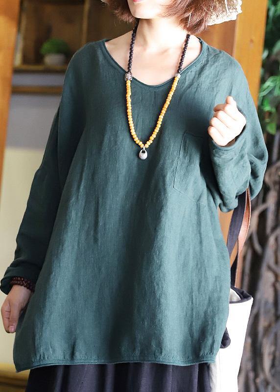 Chic blackish green linen clothes For Women side open Plus Size Clothing v neck blouse