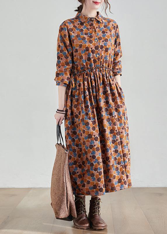 French Chocolate Print Long Lapel Cinched Traveling Spring Dresses