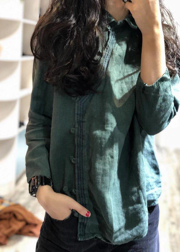 Classy green linen blouses for women POLO collar tunic shirts