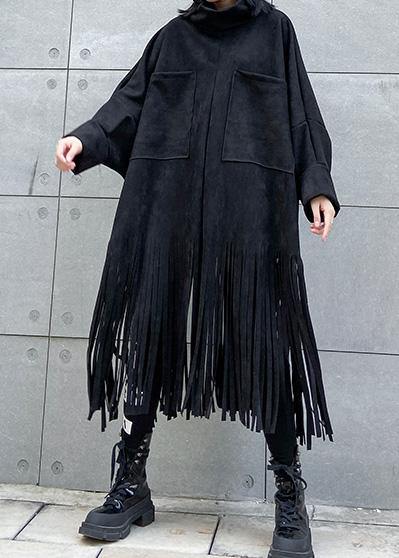 Bohemian black cotton Tunics tassel Plus Size half high neck Dress