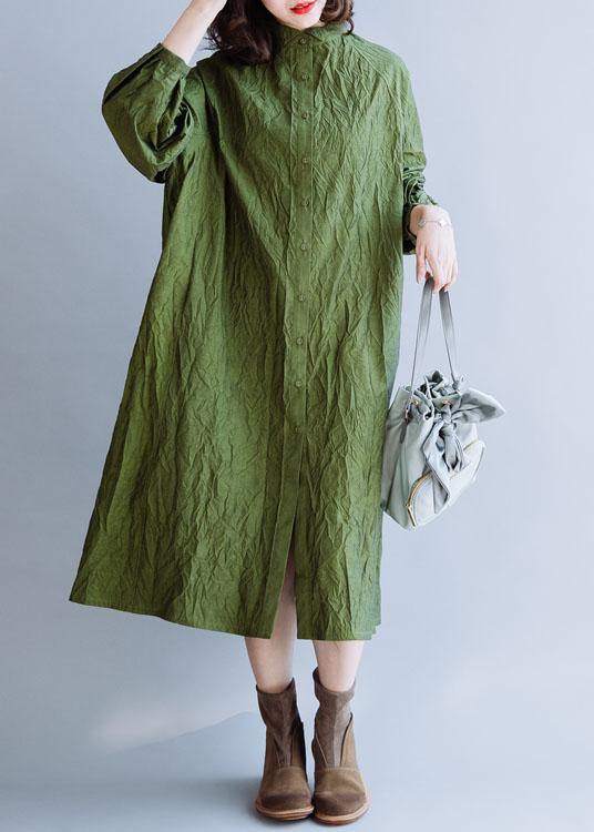 French stand collar Cinched cotton tunics for women Outfits green Dress fall