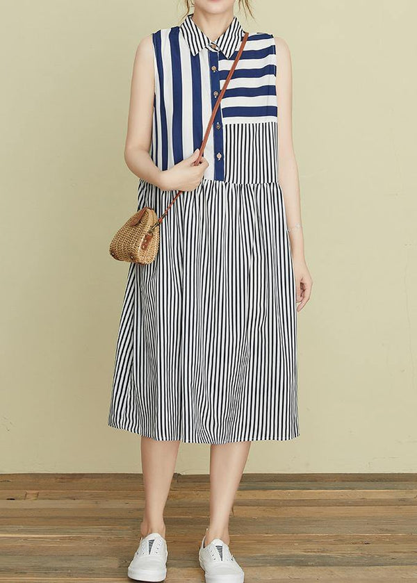 DIY blue striped Robes lapel sleeveless Kaftan summer Dress