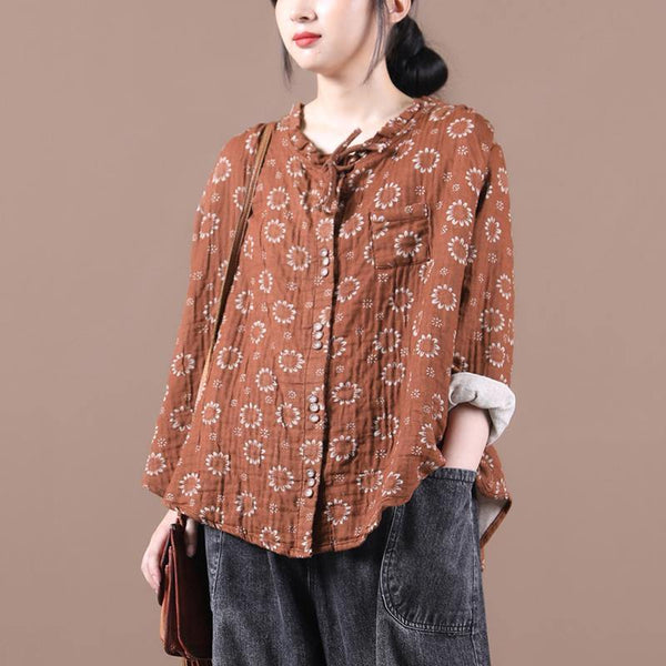 Beautiful brown print top silhouette o neck Button Down Dresses blouses