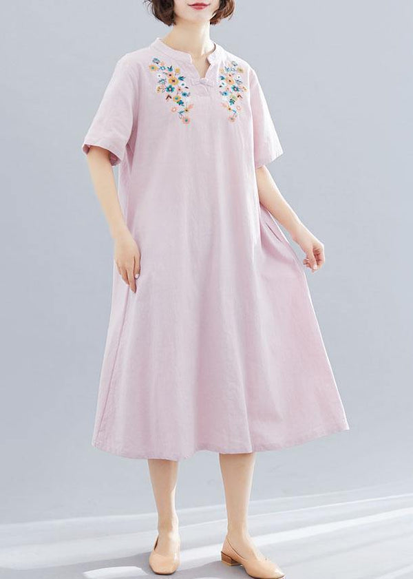 Women v neck linen clothes Neckline pink embroidery Dress summer