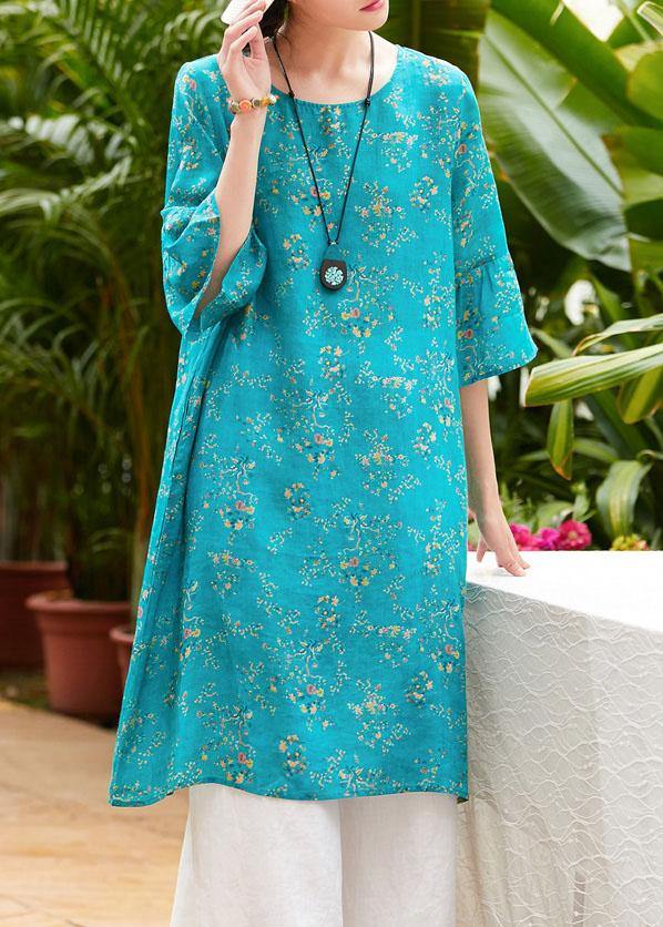 Natural blue print linen clothes o neck flare sleeve Midi summer Dress