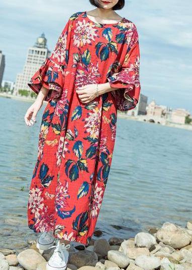 Simple red print linen cotton o neck flare sleeve long summer Dresses