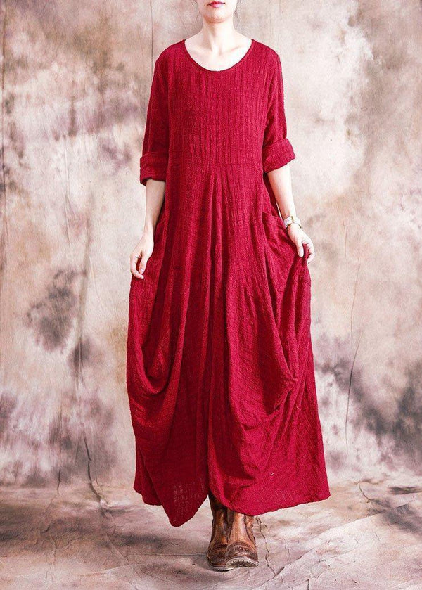 Organic asymmetric linen clothes For Women Fabrics red Dress fall