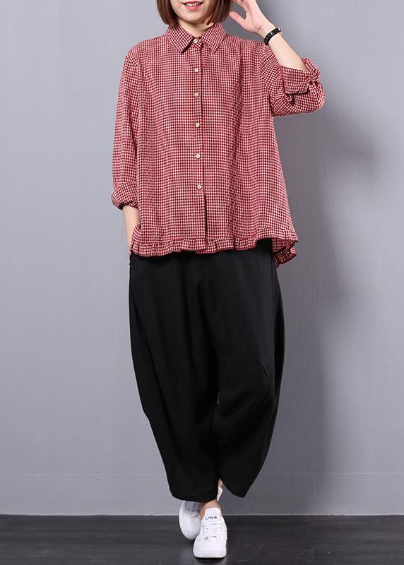 Cotton and linen red plaid shirt suit female long-sleeved new large size loose casual harem pants two-piece suit