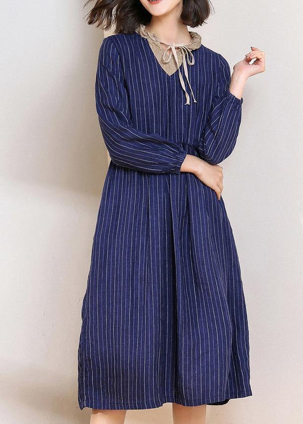 Women blue striped linen dresses v neck Dresses patchwork  Dresses