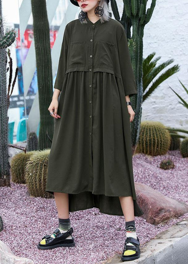 Natural army green chiffon dresses side open Traveling fall shirt Dress