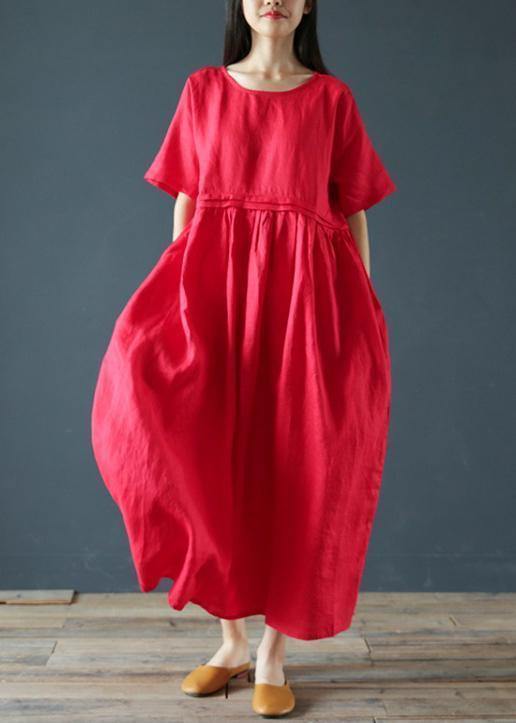 Beautiful o neck Cinched linen summer clothes Fabrics red Dresses