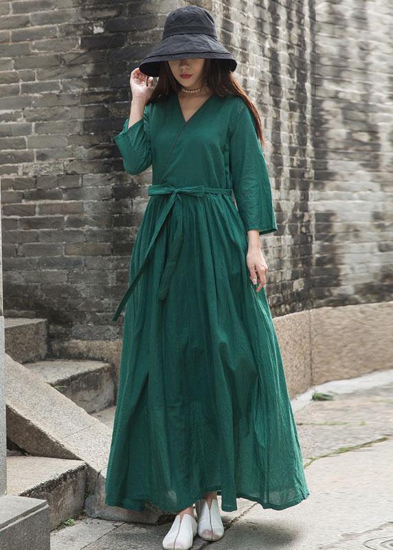 French green embroiedry linen Wardrobes bracelet sleeved loose fall Dresses