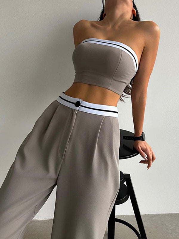 Sleeveless Contrast Color Tube Tube Top + High Waisted Pleated Buttoned Pants Bottom Two Pieces Set