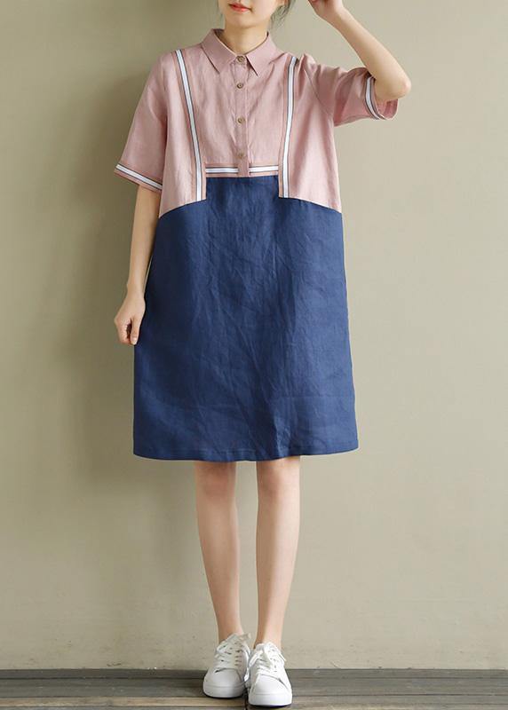 Women pink patchwork blue linen Robes lapel shift summer Dress