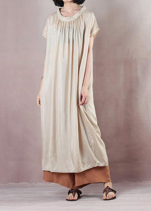 Chic beige cotton dress short sleeve Cinched Dress