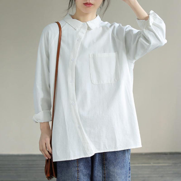 Organic White Tops Women Blouses Lapel Pockets Loose Spring Blouses