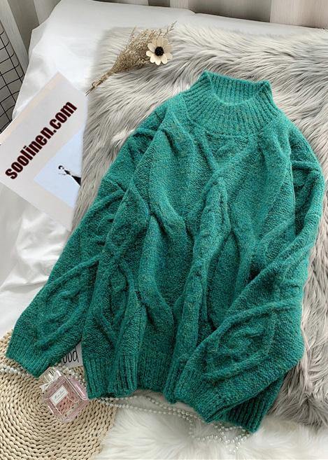 Women green Sweater dress outfit plus size high neck thick daily  knit dress