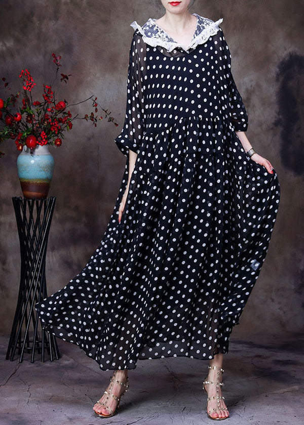 Simple Black Hooded Patchwork Lace Dot Print Silk Long Dress Two Piece Set Women Clothing Summer