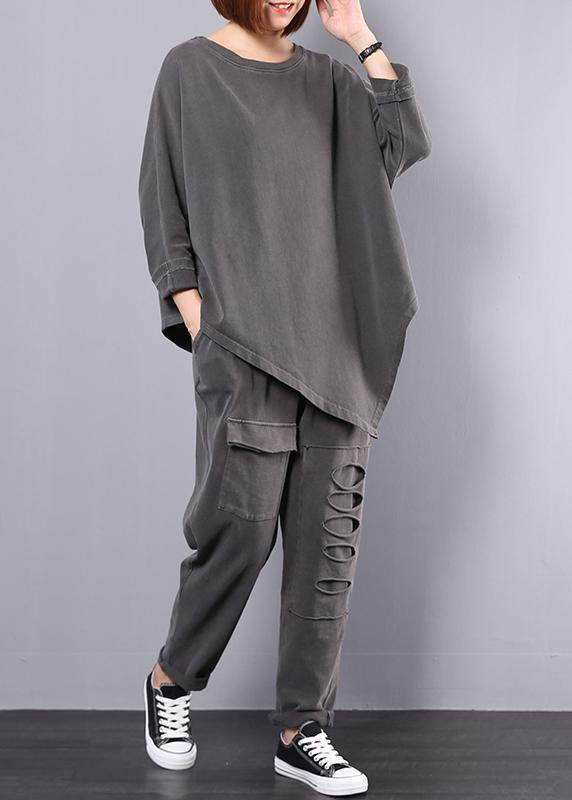 women cotton gray asymmetric tops and big pockets sport pants two pieces