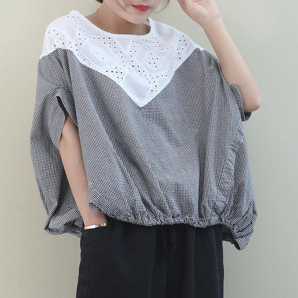 Handmade black white plaid cotton linen tops women Outfits o neck Batwing Sleeve shirt