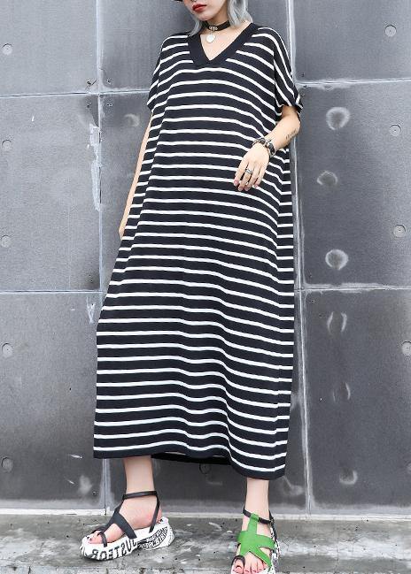 French black white striped cotton quilting dresses v neck A Line summer Dress