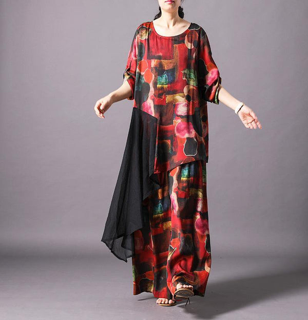 Unique silk clothes Omychic Print Spliced Irregular Blouse And Wide Leg Pants