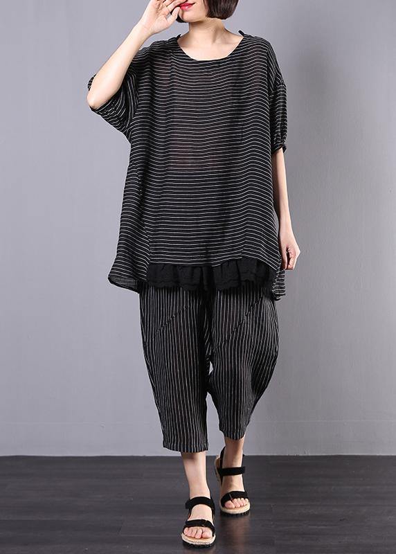 summer casual two pieces black striped patchwork tops and elastic waist women pants