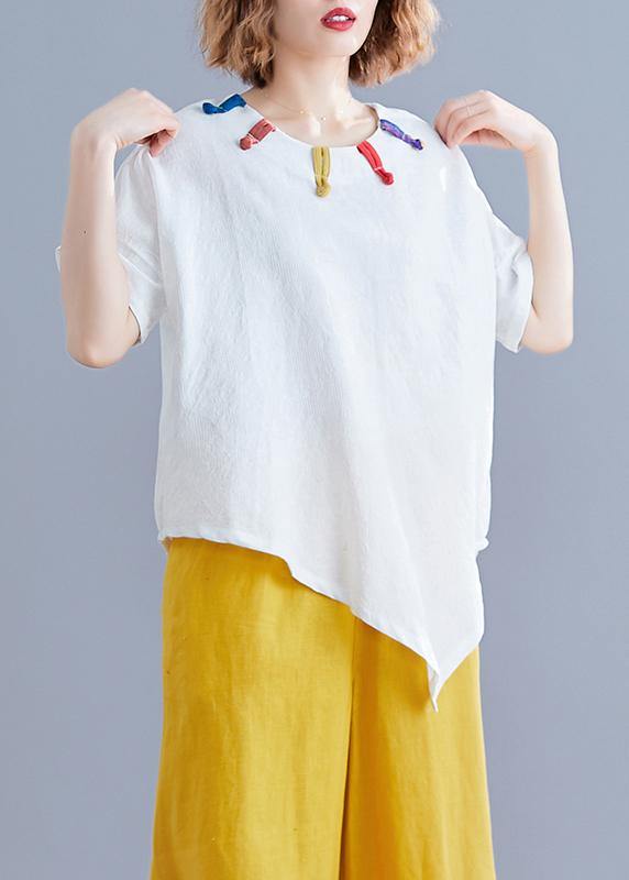 Women white linen clothes Cotton o neck asymmetric summer top