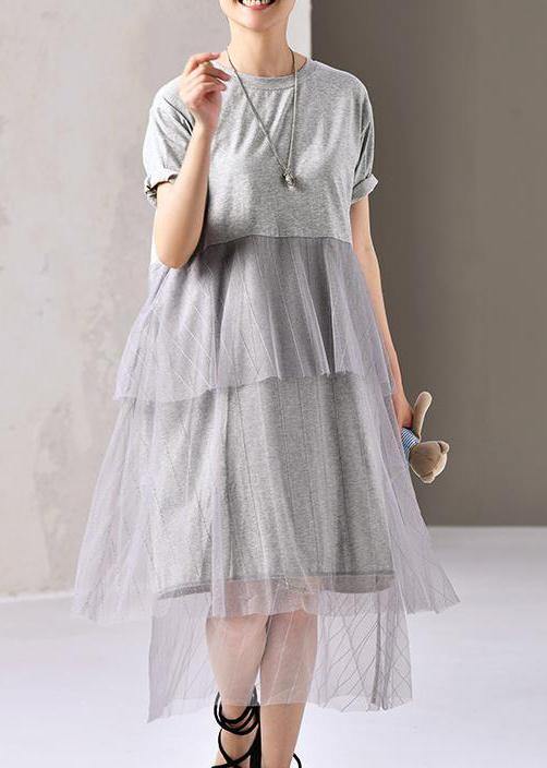 Women Cotton outfit Fashion Cotton Round Neck Short Sleeve Lace Dress