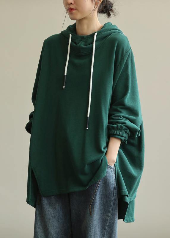 Unique green tunic pattern hooded drawstring Plus Size Clothing blouses