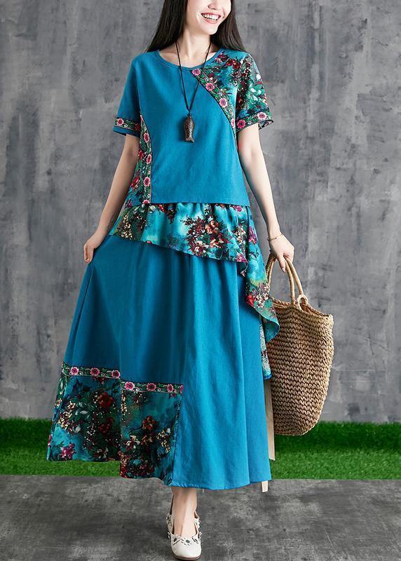 New summer cotton and linen contrast color mosaic blue print small fresh ethnic wind  two-piece