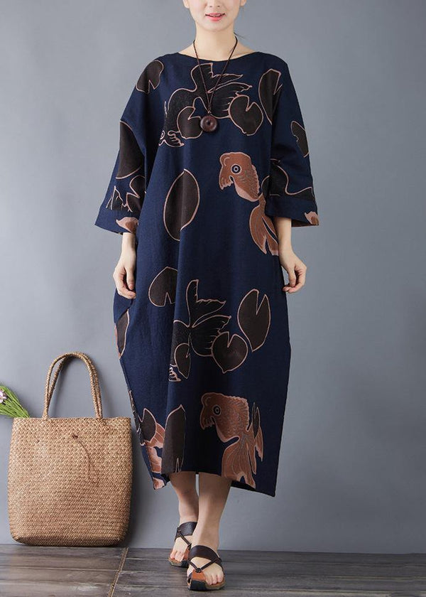 Vivid o neck pockets cotton navy print long Dresses summer