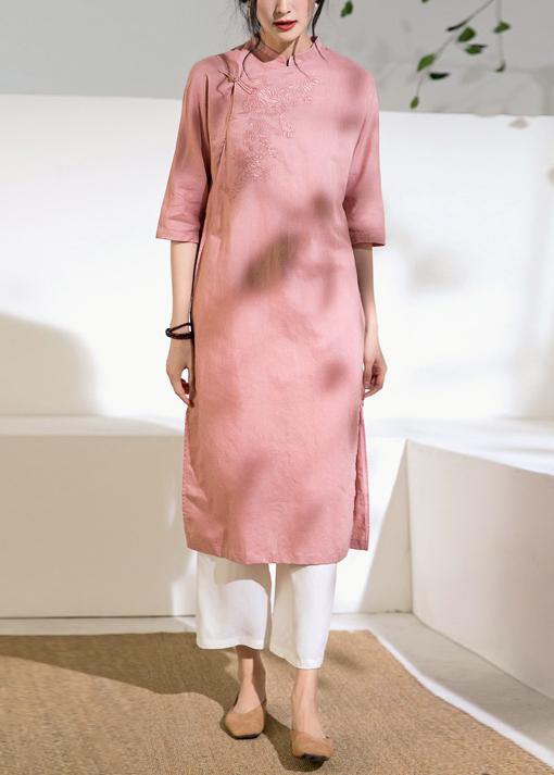 Loose stand collar linen side open dress Inspiration pink Dress