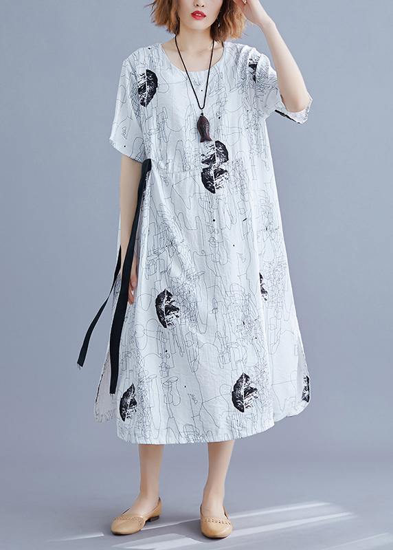 Classy white print dresses o neck tie waist daily summer Dresses