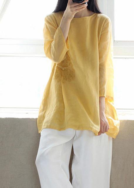 Organic Yellow Embroidery Tunic O Neck Sleeveless Art Shirts