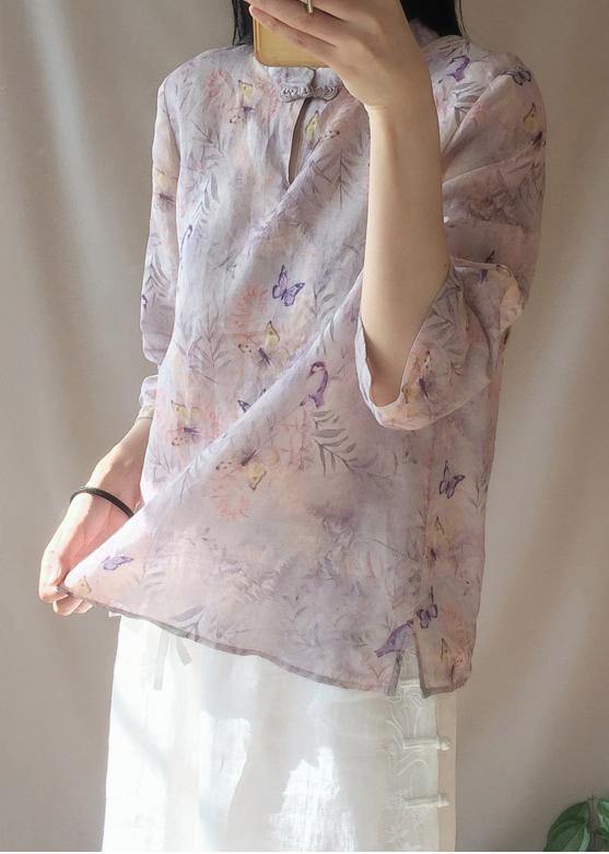 Women Light Purple Butterfly Printing Top Silhouette Stand Collar Midi Top