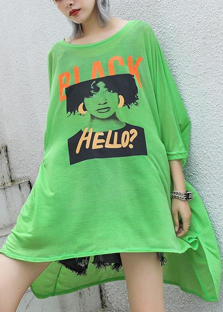 Style green print cotton box top o neck Cinched oversized summer top