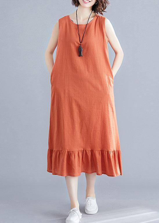 French orange linen cotton quilting clothes o neck sleeveless Love summer Dress