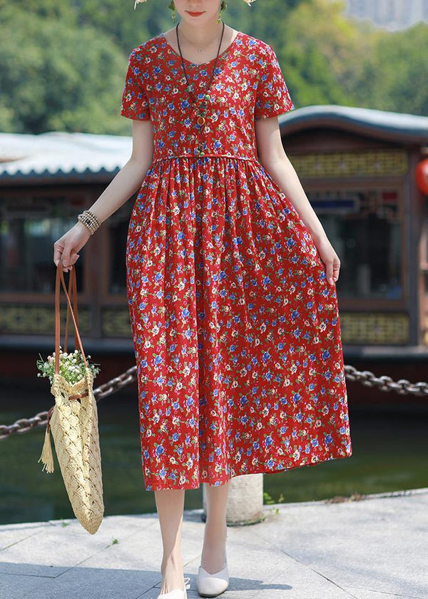 Beautiful Summer Dress v neck pockets linen outfit red print Dresses