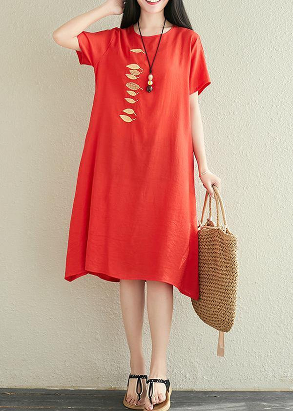 Modern red linen dress o neck embroidery Midi summer Dress