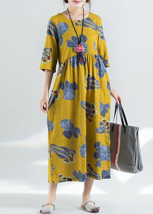 100% yellow prints linen dress Boho Catwalk high waist summer Dresses