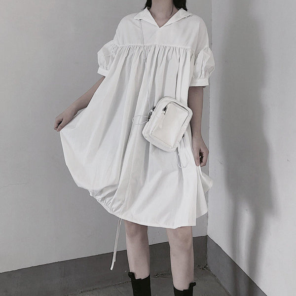 Modern White Dresses O Neck Drawstring loose Dress