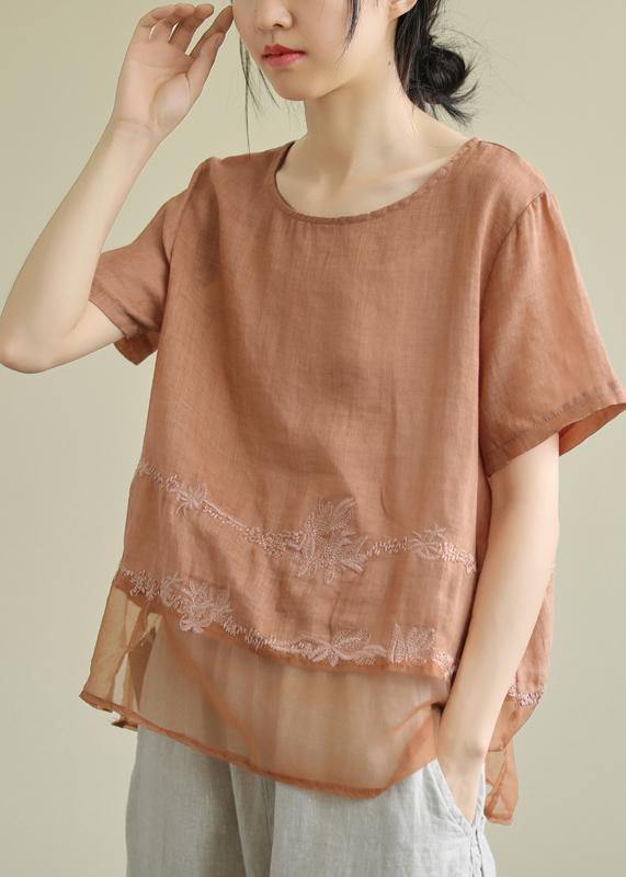 DIY o neck patchwork linen tunic top Tutorials orange embroidery blouses