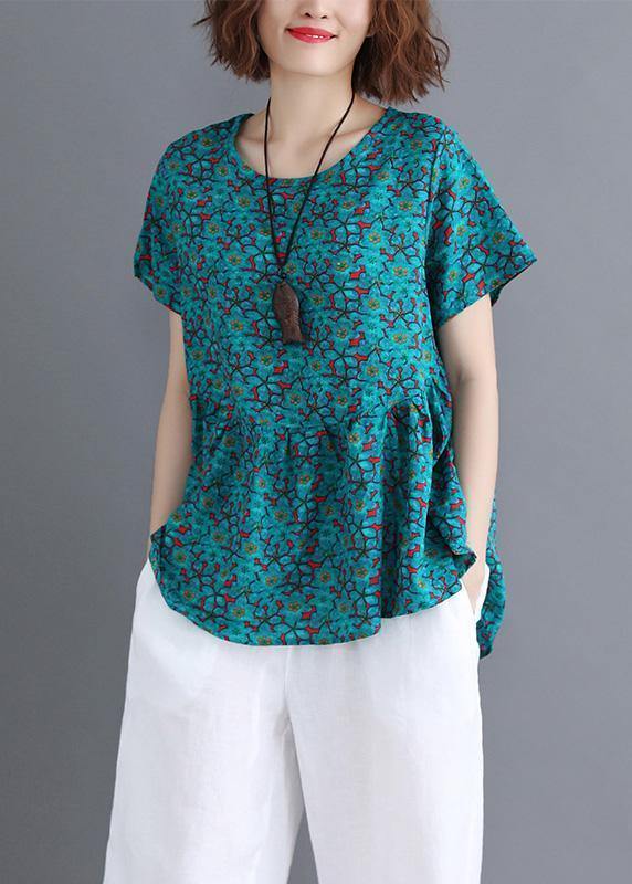 Sold Out-Bohemian o neck Cinched cotton shirts Wardrobes green print blouse summer