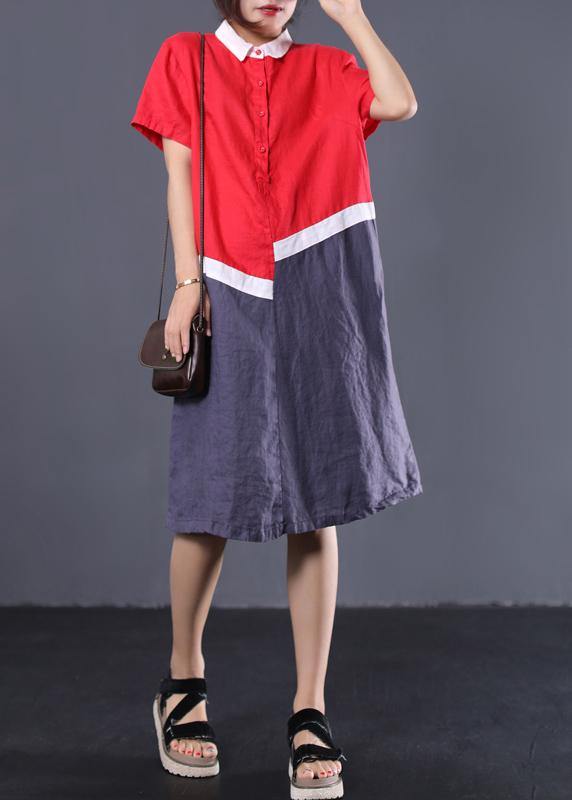 DIY asymmetric patchwork linen tunic dress Wardrobes red Robe Dresses POLO collar