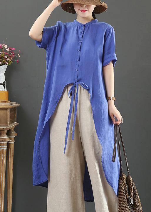 Women blue linen clothes stand collar asymmetric Knee blouses